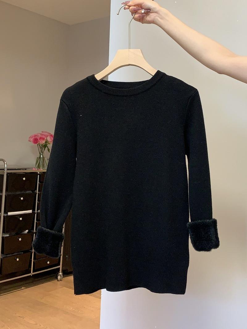 

One-piece fleece thickened warm knitted sweater soft waxy sweater women s autumn and winter bottoming shirt front shoulder inner top long sleeve XL чёрный