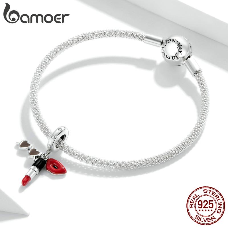 Bamoer Lipstick and Sunglasses Pendant Charm Silver 925 Original Fashion Oxidized Silver Jewelry Gifts for Girl