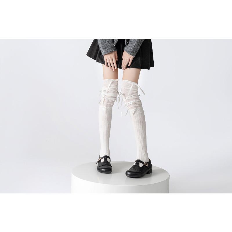 Bow Ribbon Socks, Women's Calf Socks, High Appearance Level, Ballet Style, Mesh Patchwork, Lolita Over-the-knee Socks