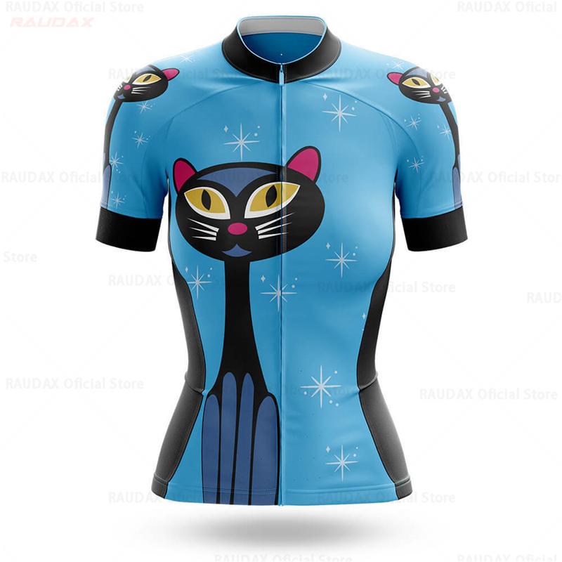 Women's Cycling Jersey Set Pink Cartoon Cat Summer Short Sleeve Breathable MTB Bike Cycling Clothing Maillot Ropa Ciclismo Mujer