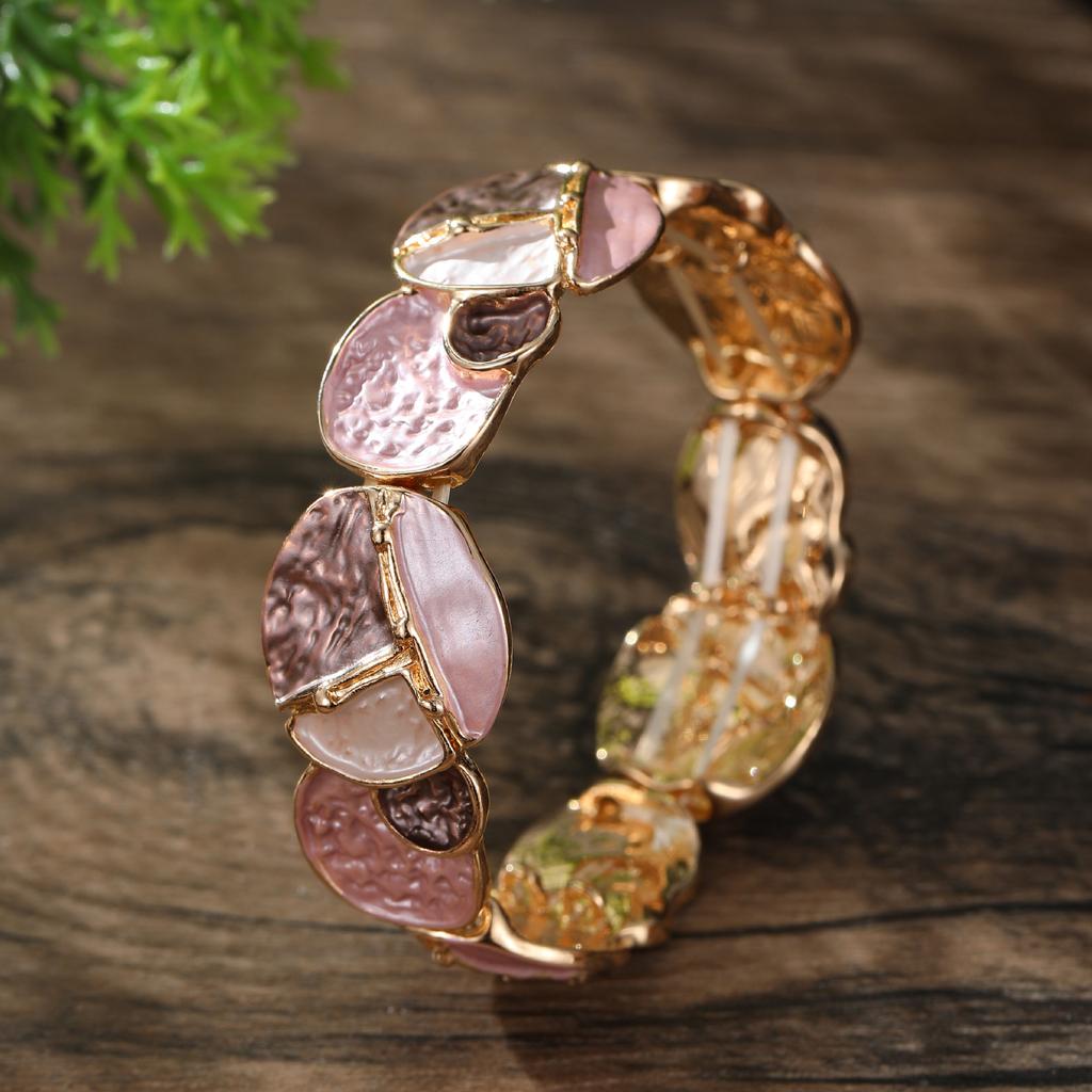 Enamel-colored Round-shaped Interlocking Irregular-shaped Leaf Elastic Bracelet for Ladies, A Fashionable and High-end Leaf-shaped Hand Chain.