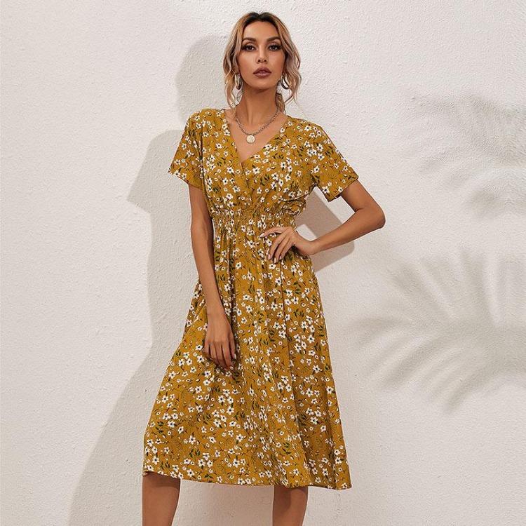 Women Summer Fall Casual Floral Print V-neck Short Sleeve High Waist Slim A-Line Long Dress S-XL