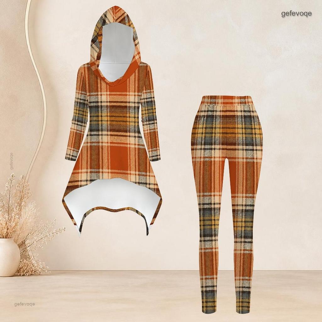 Women Plus Size Printed Hooded Long Sleeve High Low Top And Fitted Pants Two Piece Set