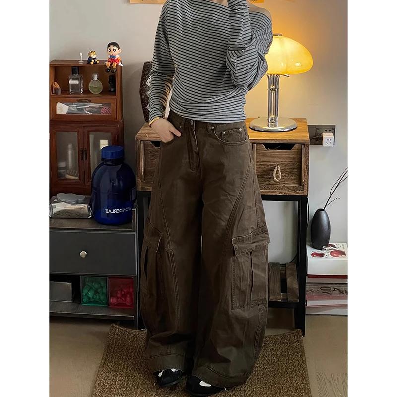 American Vintage 2000s Style High Waist Brown Jeans Pants 2025 Summer Women's Baggy Y2K Wide Leg Denim Trouser Female Clothes