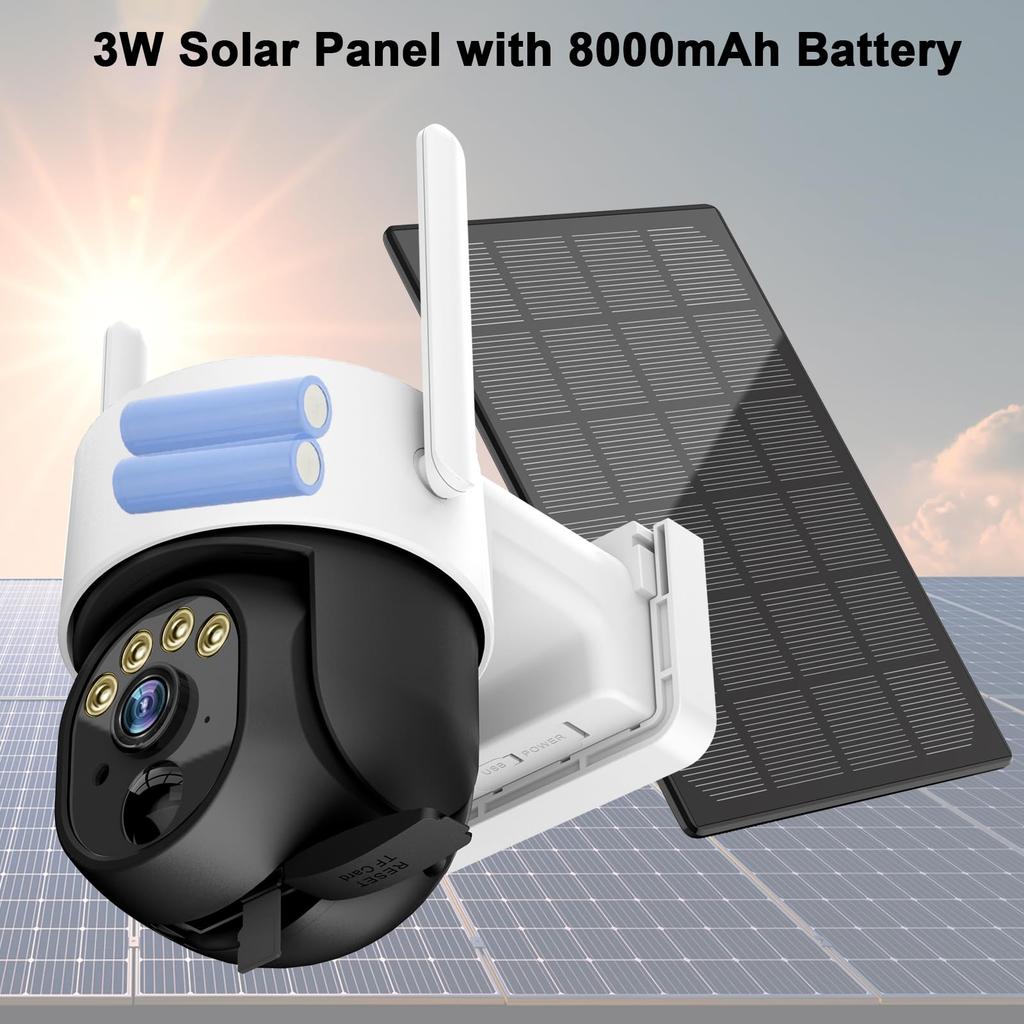 BlessFly 2K Solar Security Wireless Outdoor WiFi Camera for Home 8000mAh Color Night 3W Solar PIR Easy Installation Camera, Pan-Tilt 360° Security,