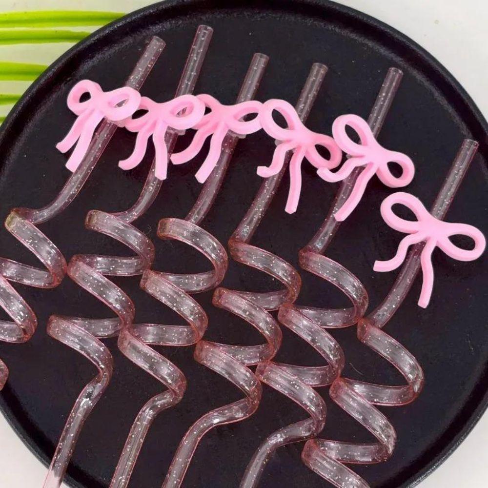 10Pcs Bent Tube Pink Bow Straws Reusable Curved Straw Cute Drinking Straw  Birthday Wedding Supplies