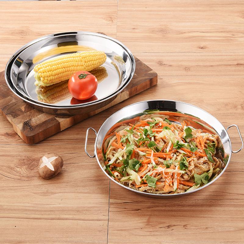 Edelstahl-Lebensmittelaufbewahrungstablett mit Griff, rund, flach, Servierplatten, Salat, Snacks, Obstgerichte, Küchenorganisatoren
