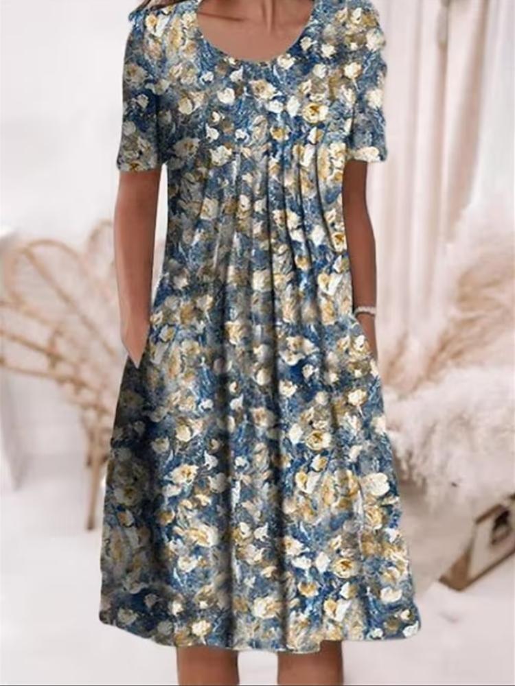 Women Summer Vintage Floral Loose Sexy Ruffles Dress with Pocket