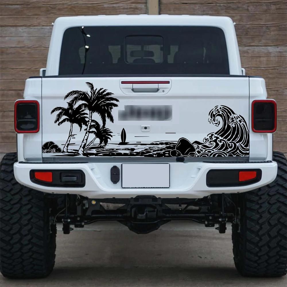 Large Beach Wave Palm Tree Car Sticker Decal Summer Surf Nature Ocean Landscape for Pickup Tailgate Camping Rv Caravan