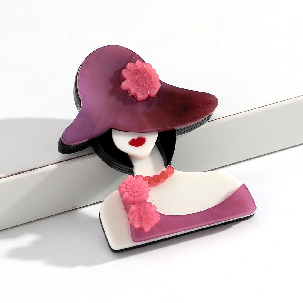 Acrylic Graceful Flower-Hat Lady Figure Brooches for Women Trendy 6-Color Resin Girl Badge Pins Jewelry Clothes Accessories Gift