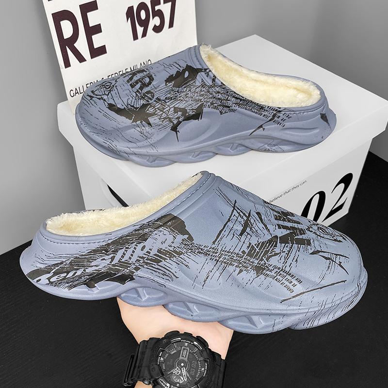 Fashion Slippers Men Winter House Shoes Round Toe Flat Slip-on Fashion Comfortable Elastic Waterproof Non-slip Plus Velvet Keep Warm