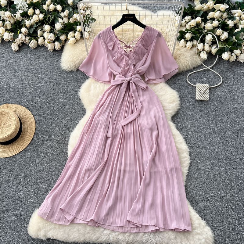 

French style Niche Design Sense V-neck Bell Sleeve Strap Waist Hugging Dress Women Slimming Temperament Drape Pleated Long dress Pink All yards
