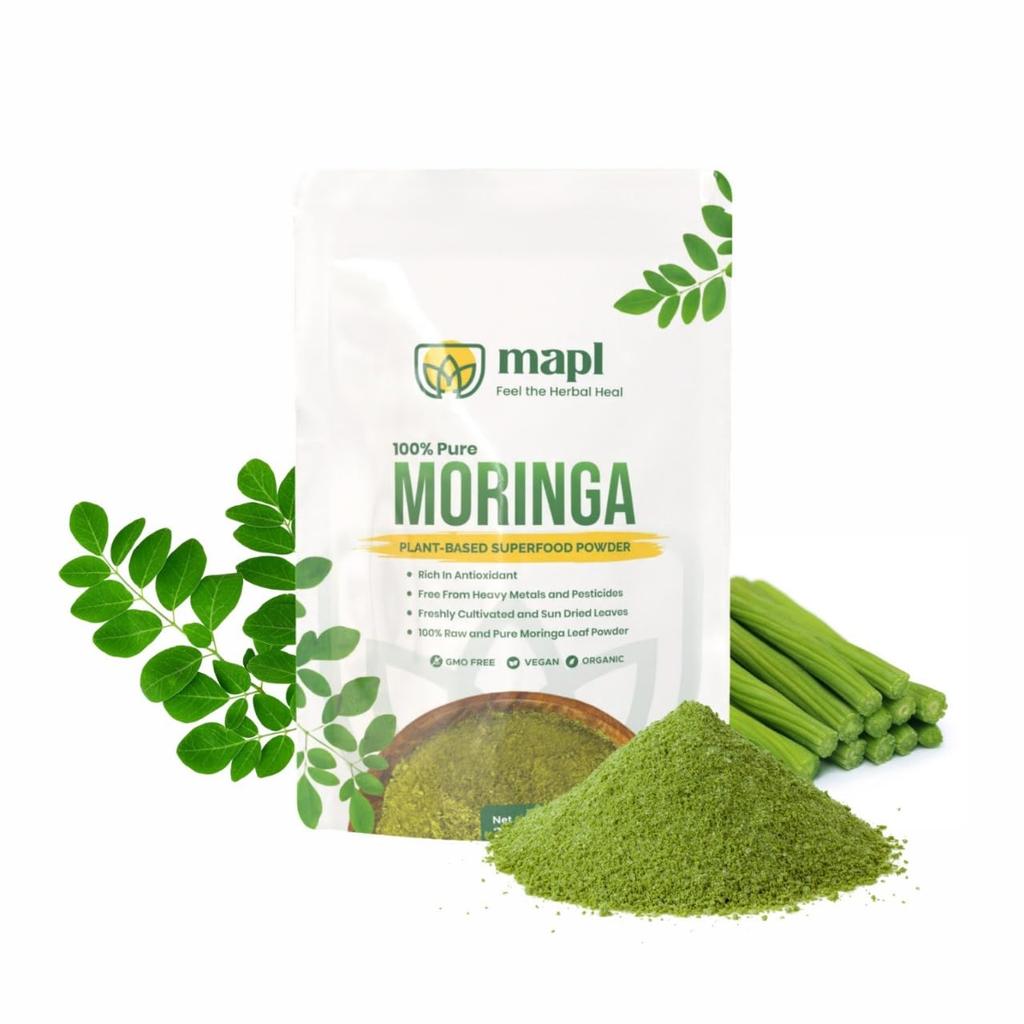 Mapl Pure Moringa Leaf 100% Pure Drumstick Leaf Plant Based Ayurvedic Superfood Vegan Natural Herbal Supplement for Smoothies Juices Daily Nutrit