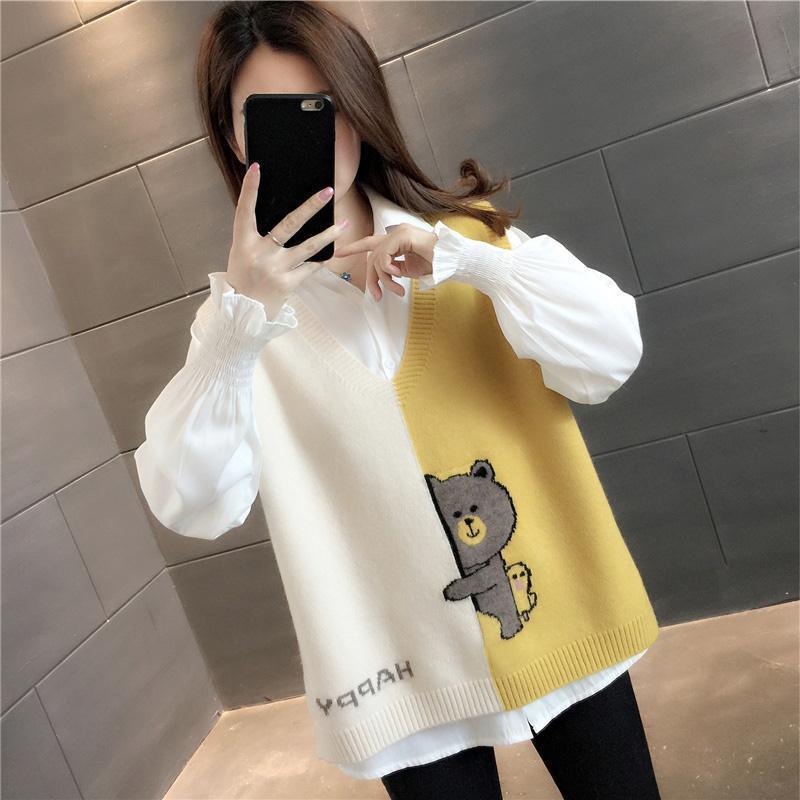 

Весна Осень Вязаный Жилет Женский Свободный Дикий V-образный вырез Мультяшный узор Вязаный свитер XXL