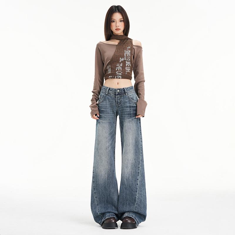 Women's American Retro Micro Flare Jeans - Fall 2025, Lightning Crack Design, Loose Fit, Wide Leg, Slimming Style.