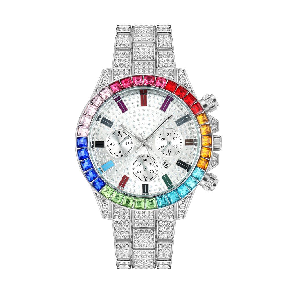New Fashion Steel Band Watch with Colorful Rhinestone Markers and Quartz Calendar
