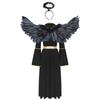 Womens Angel Cosplay Costume Long Sleeve Gold Trim Angel Dress Gown Feather Wings Headwear Set