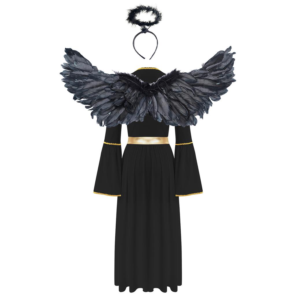 Womens Angel Cosplay Costume Long Sleeve Gold Trim Angel Dress Gown Feather Wings Headwear Set