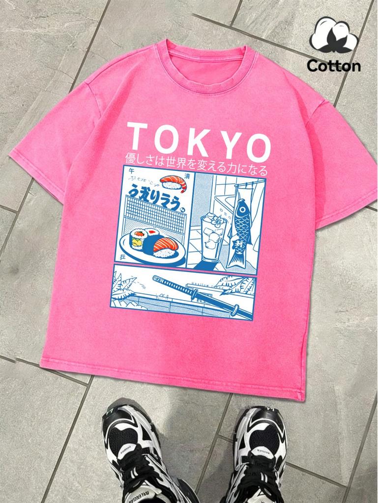 Fresh Sushi In Tokyo Printing Washed TShirt MenS Cotton Oversize T Shirts Basic ONeck Distressed Tops Summer Male Clothes