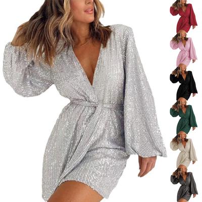Damesmode Pailletten Jumpsuit V-hals Lange Mouw Glanzende Korte Romper