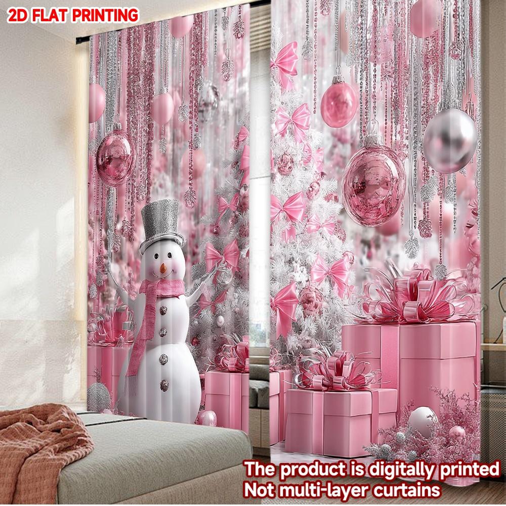 

Set Of 2 Flat Printing Christmas Curtains Snowman Tree Ball Pink Silver Digital Printed Polyester Drapes Durable Party Holiday Made W100*H70(CM)-Rod Pocket&2PCS