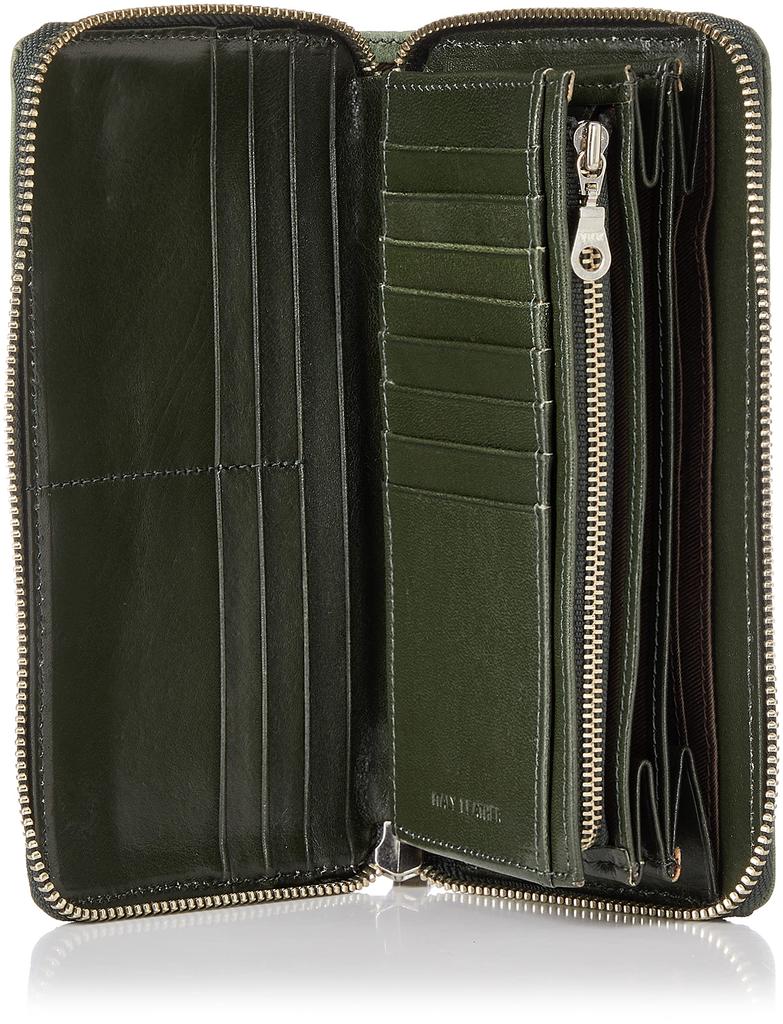 Maya Berry Round Zipper Long Wallet Bundle Holder Card Holder Coin Purse Dyed Italian Leather Green [Lee] "MAYA" 320-1755
