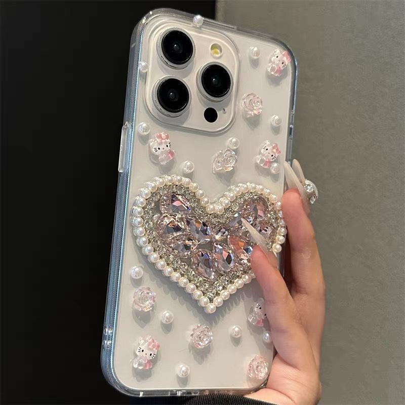 Diamond Love Pearl Cartoon KT Rose Phone Case for IPhone 15 Promax Transparent for Apple 16 Women