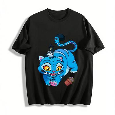 Playful Blue Cat & Hat Bird Print Top Fun Cartoon Animal Pattern Casual Daily Versatile T-Shirt Pure Cotton T-shirt