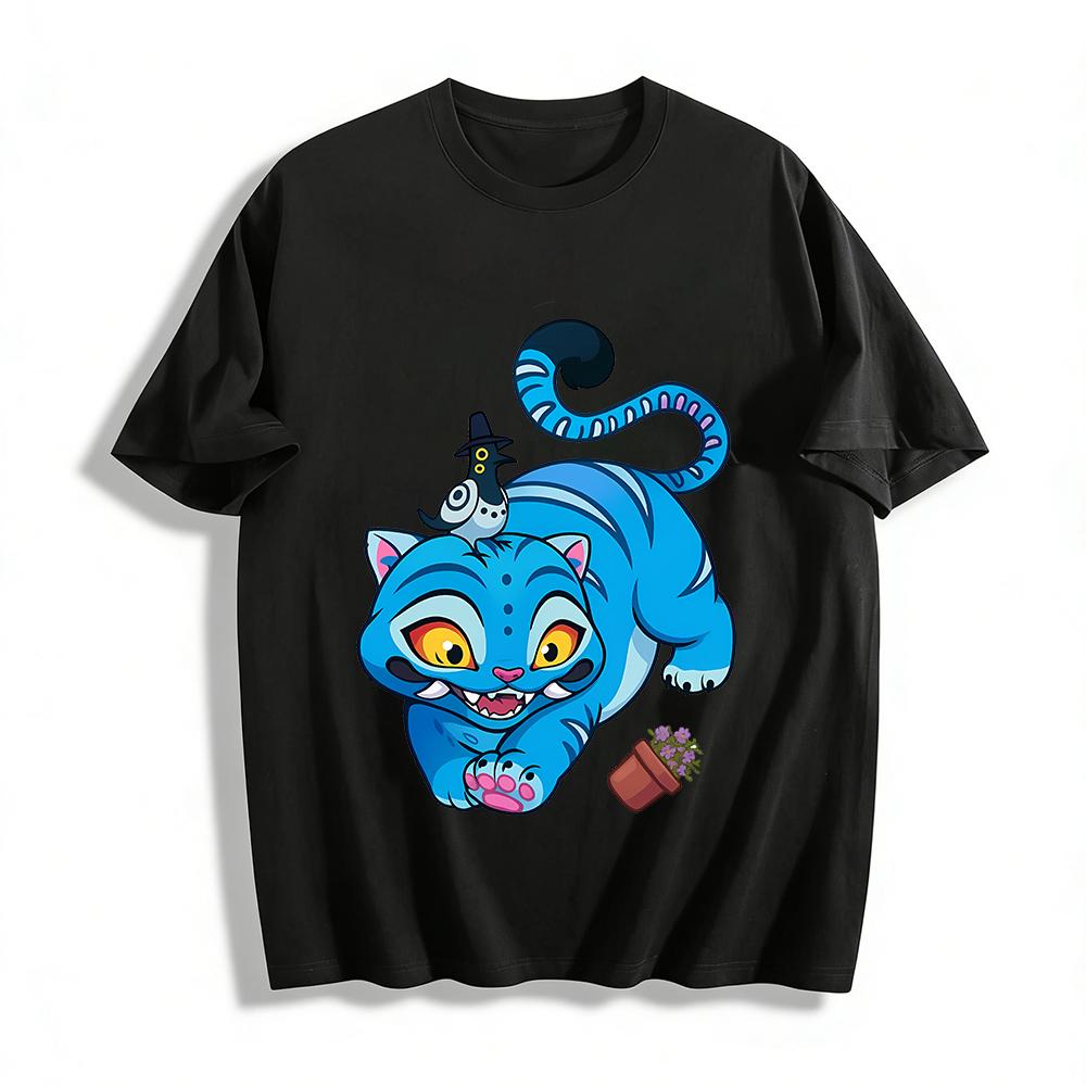 Playful Blue Cat & Hat Bird Print Top Fun Cartoon Animal Pattern Casual Daily Versatile T-Shirt Pure cotton T-shirt XXS