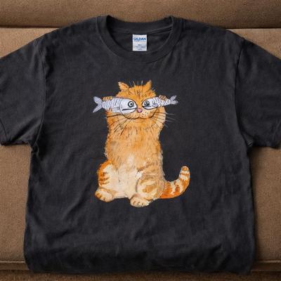 Gildan Funny Cat Holding Fish Shirt Hilarious Cat Gift