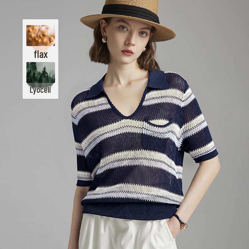 Women s Tencel Linen Blend Striped Knit T-shirt L