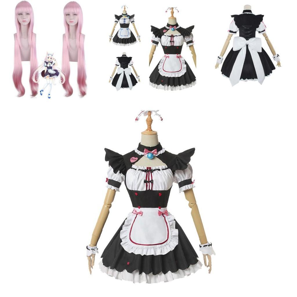 Nekopara Chocola Vanilla Katzen-Maid-Kleid Japanisches Anime Cosplay Kostüm Perücke