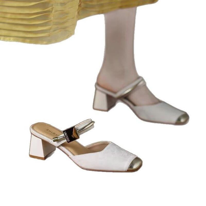 Fashion Fashion Womens High Heels French Toe High-Heeled Sandals Summer New Versatile Women's Half Slippers Tacones Altos Para Mujeres