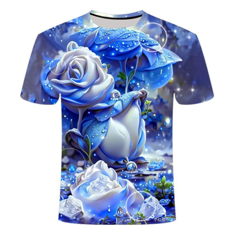 Blaue Rosenlandschaft 3D-bedrucktes, kurzärmeliges, modisches, lässiges T-Shirt für Männer und Frauen