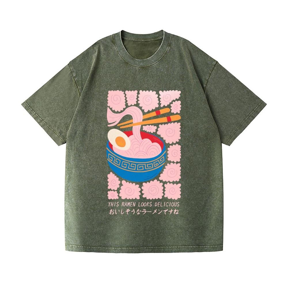 Vintage Cotton Washed T-Shirt Fashion Ramen Printed Summer Dropped Shoulder Harajuku Sports Tees Oversized Crew Neck Tunics