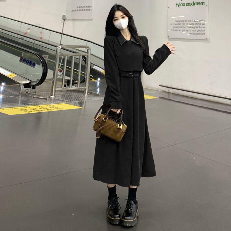 2026 Early Spring French Retro Long-Sleeved Two-Piece Waist-Cinched Dress S under 90 jin чёрный