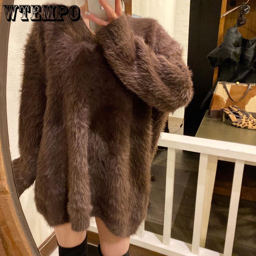 Casual Frauen V Neck Verdicken Warme Strick Pullover Herbst Winter Nerz Kaschmir Weiche Damen Lose Mohair Lange Pullover