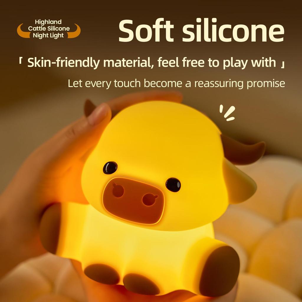 Cute Highland Cow Squishy Night Light W/ Dimmable Timer Cartoon Soft Animal Bedside Lamp Gift for Boys Girls Childs Table Decor