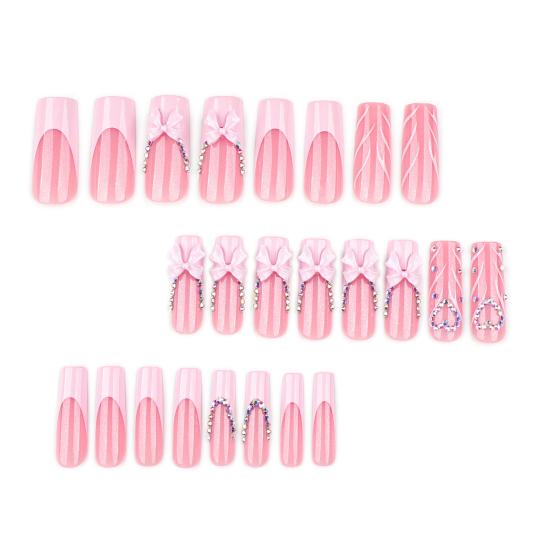 24Pcs Long French Tip Nails 3D Press on Pink