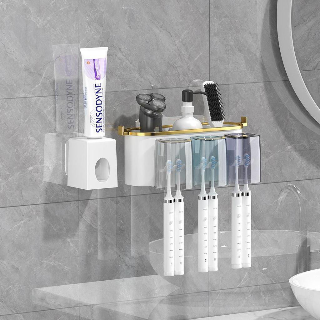 Gold-Plated Wall-Mounted Toothbrush & Mouthwash Holder Set, Punch-Free Installation