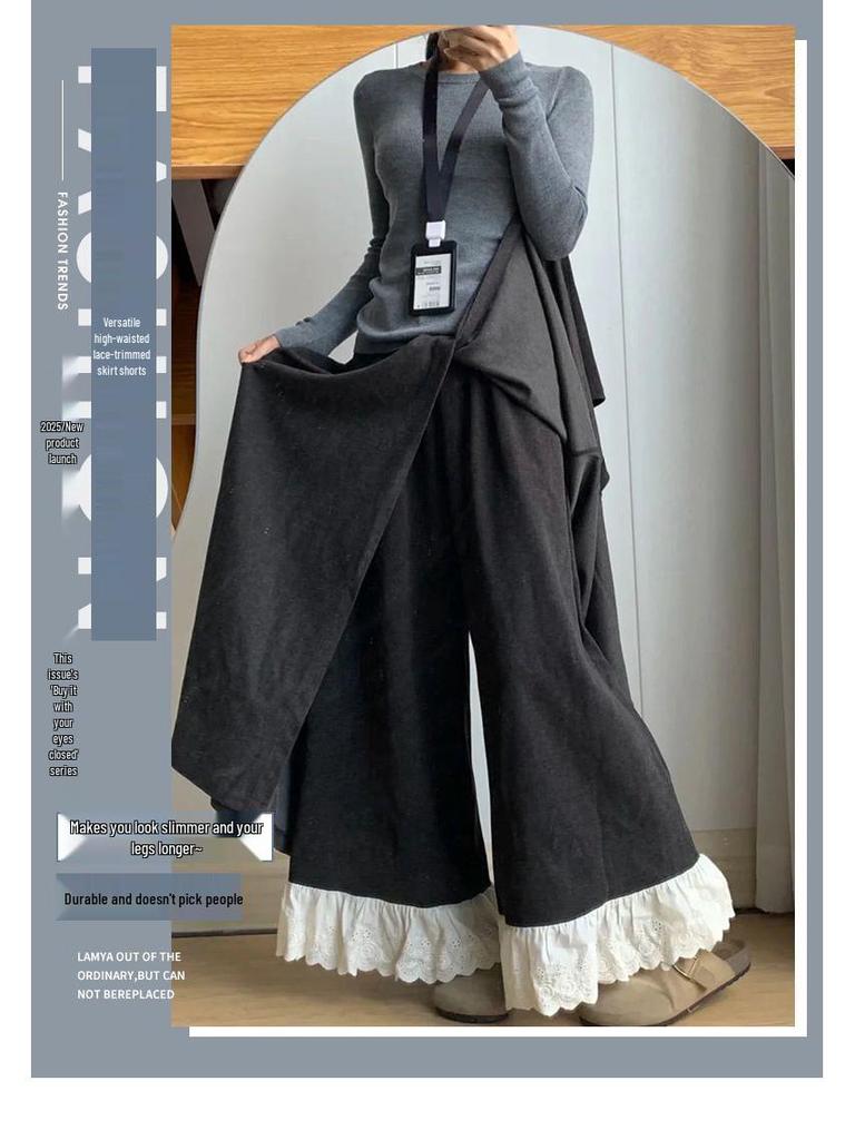 Patchwork Lace Trim High-Waisted Woolen Wide-Leg Pants for Women - Autumn/Winter Plus Velvet Casual Loose Fit.
