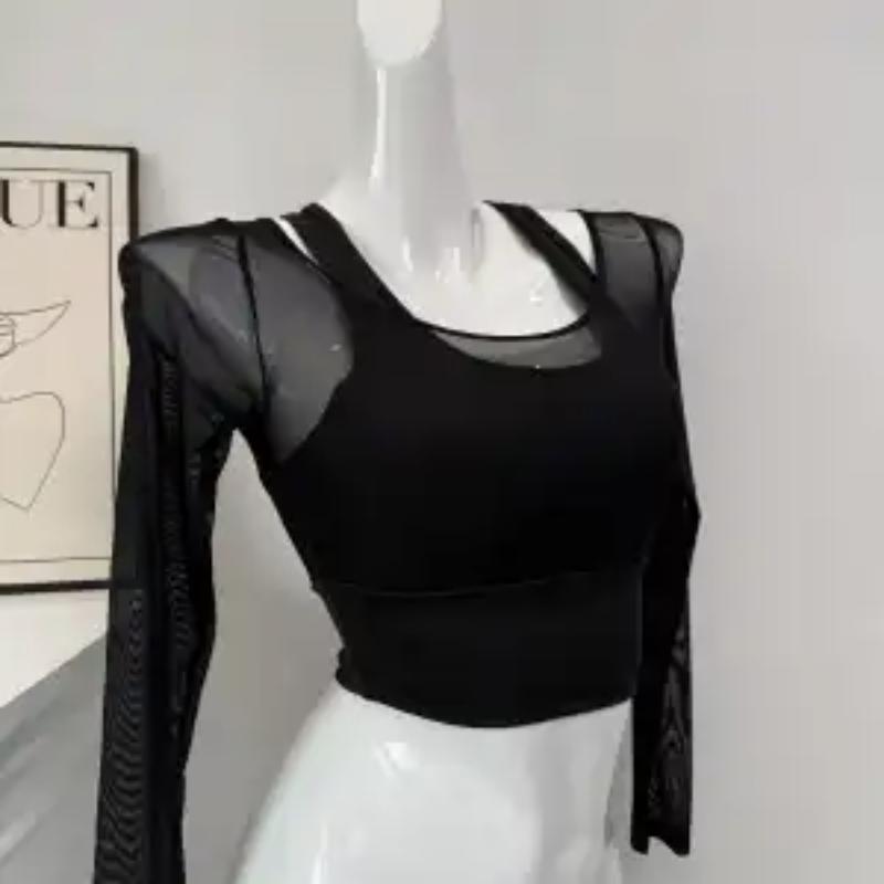 Women's Sheer Mesh Long Sleeve Cutout Crop Top Slim Fit Stretchy Yoga T-Shirt for Fitness Casual Wear