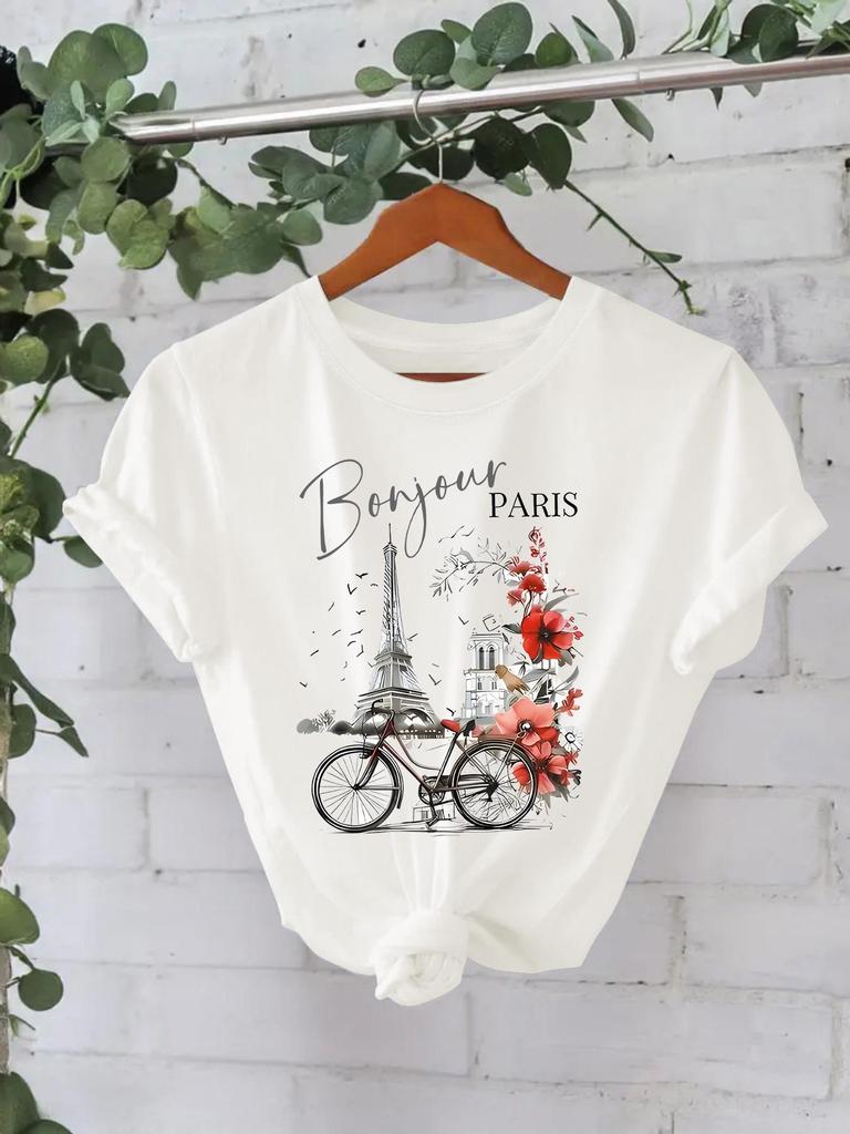 Paris Landmark Print Women's Summer Short-Sleeve T-Shirt