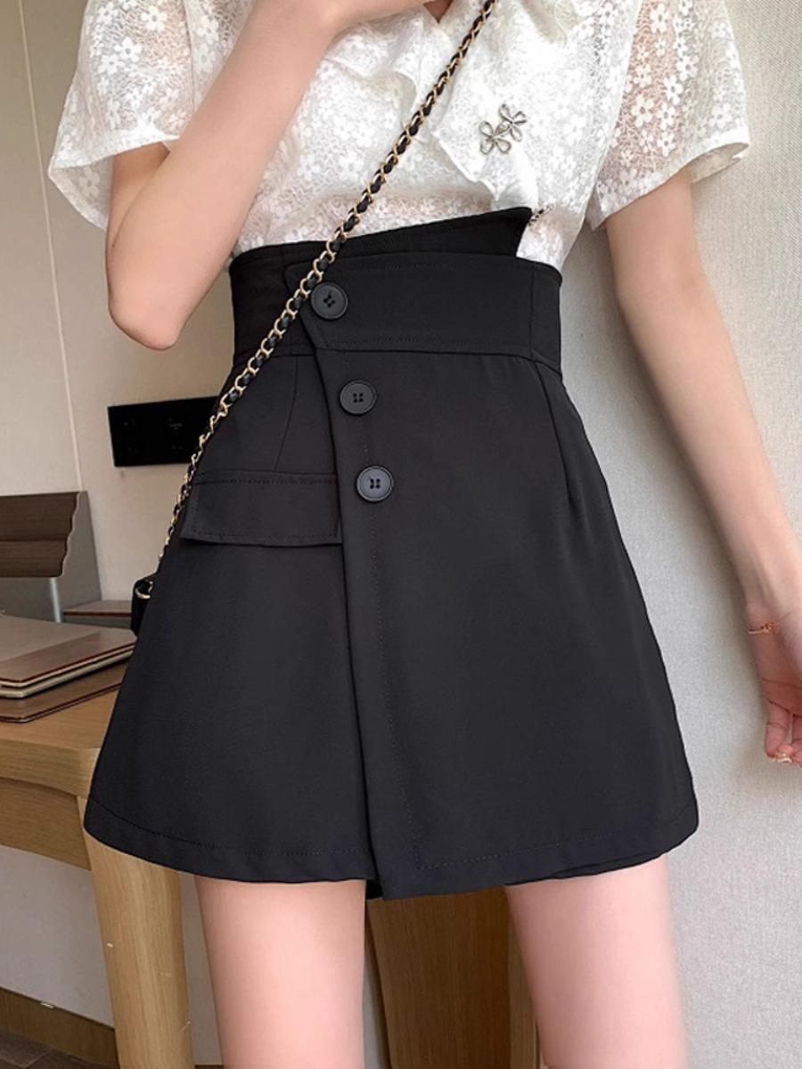 

Брюки-юбка с высокой талией, черные, с широкими штанинами, стройнящие, повседневные - шорты в корейском стиле на весну, полиэстеровая ткань 3X Large чёрный