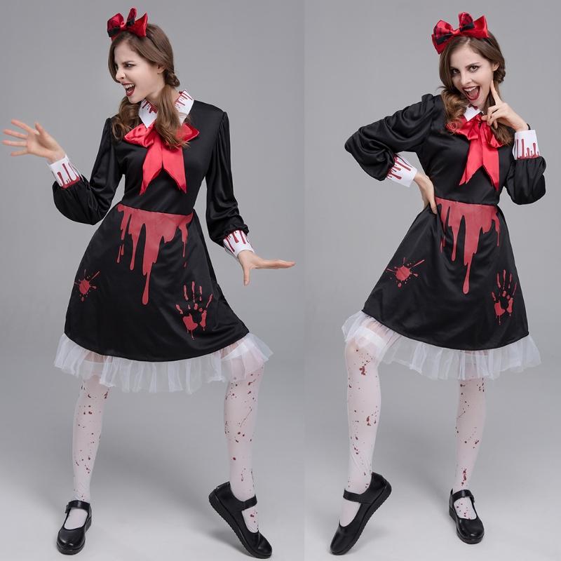 Adult Bloody Zombie Ghost for Doll Dress Bow Headpiece Set Cosplay Costume Women Halloween Role Pretend for Play Party O