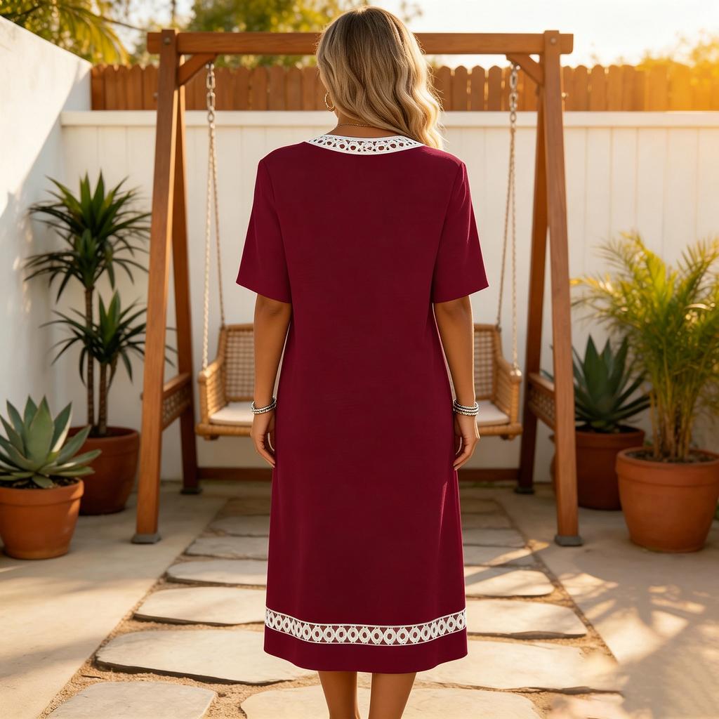 Women's Elegant Lace Trim Short Sleeve Midi Dress V Neckline Lightweight Summer Casual Dress for Daily Wear