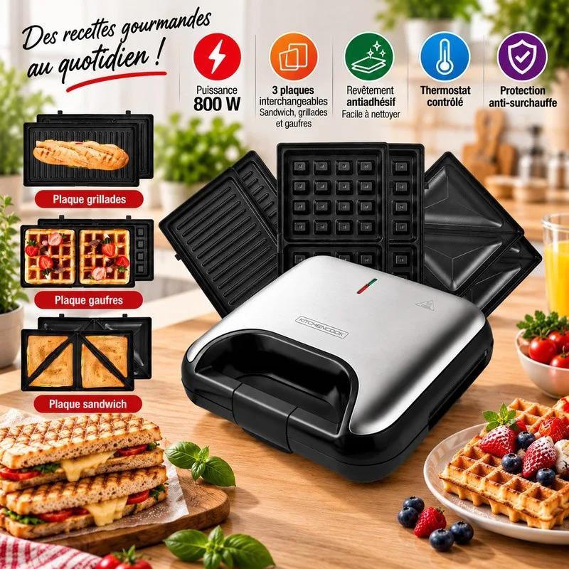 Kitchencook - Mister K - Sandwich Maker 3 En 1 Inox 800w