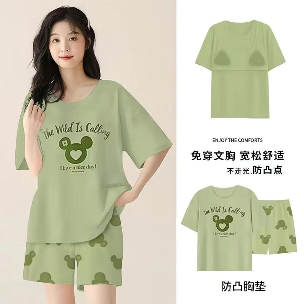 Pajamas with chest pads women's summer 1011 new women's short-sleeved thin loungewear summer