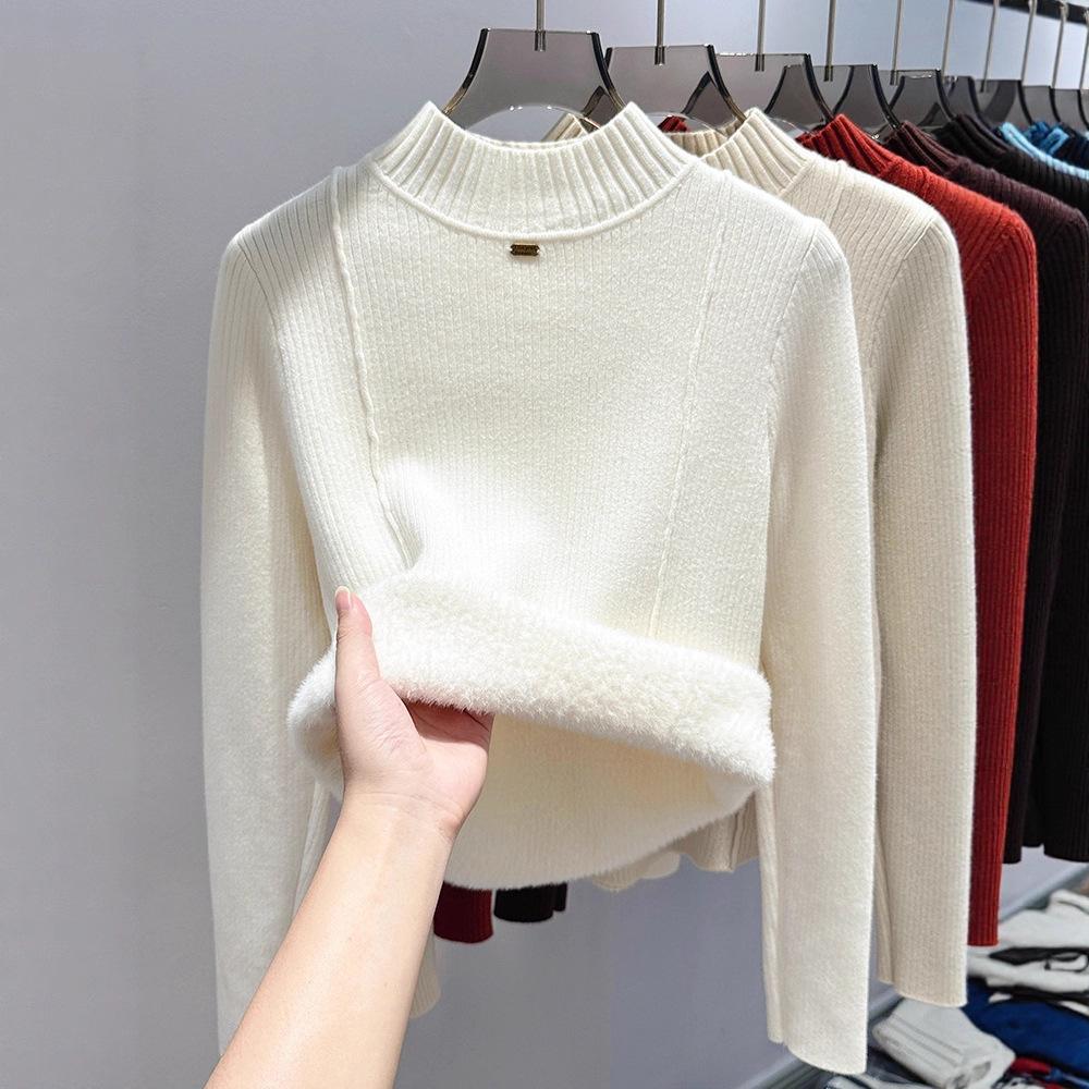 Integrated fleece fabric, fleece thickened sweater women's semi-turtleneck bottoming shirt with new autumn and winter knitted sweater inside