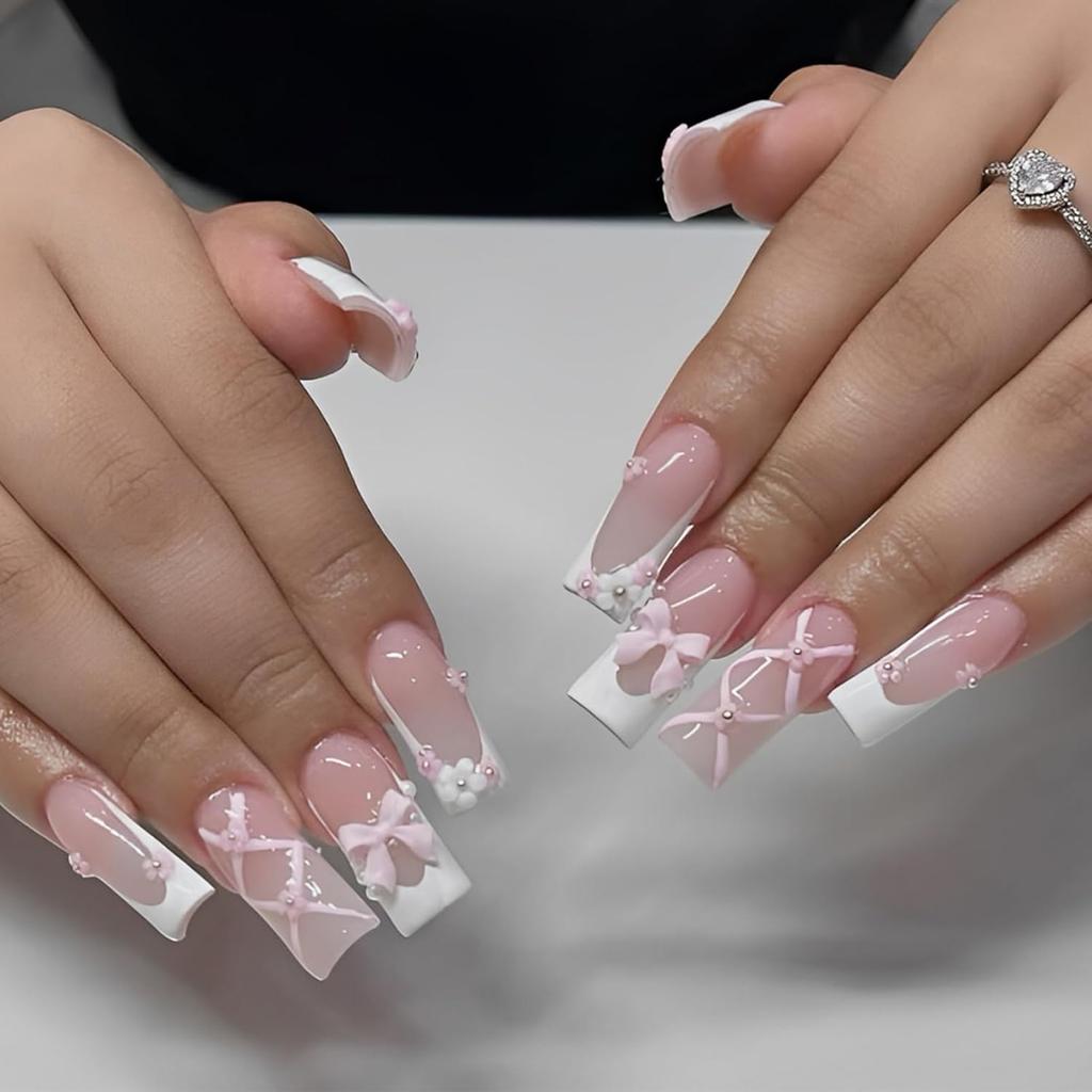 French False Nails, Medium Long Square Press On Nails with Glue 24pcs Pink Ballet Design Pink Fake Nails Gift for Women Girls (French Ballet